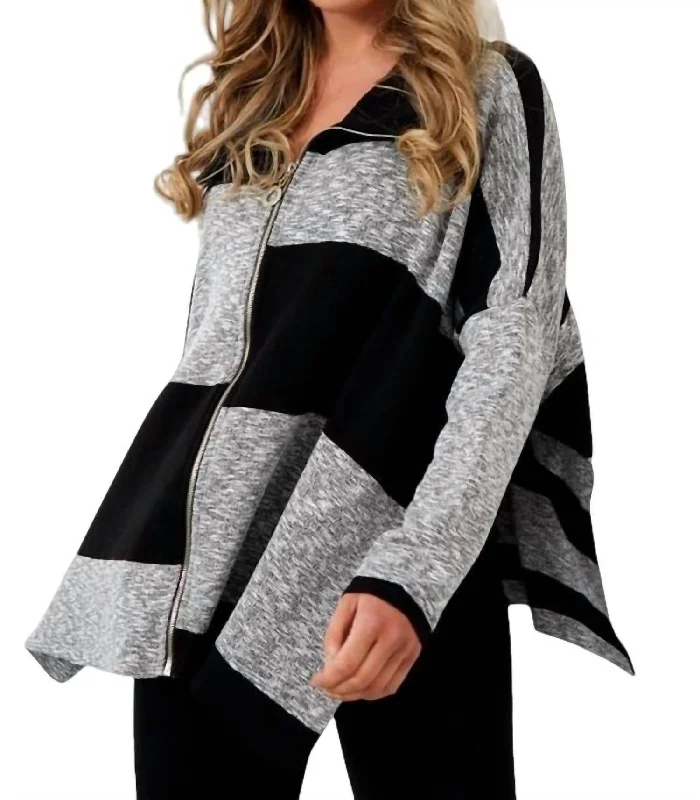 Women's Resort Pullovers-Color Block Zip Poncho In Black