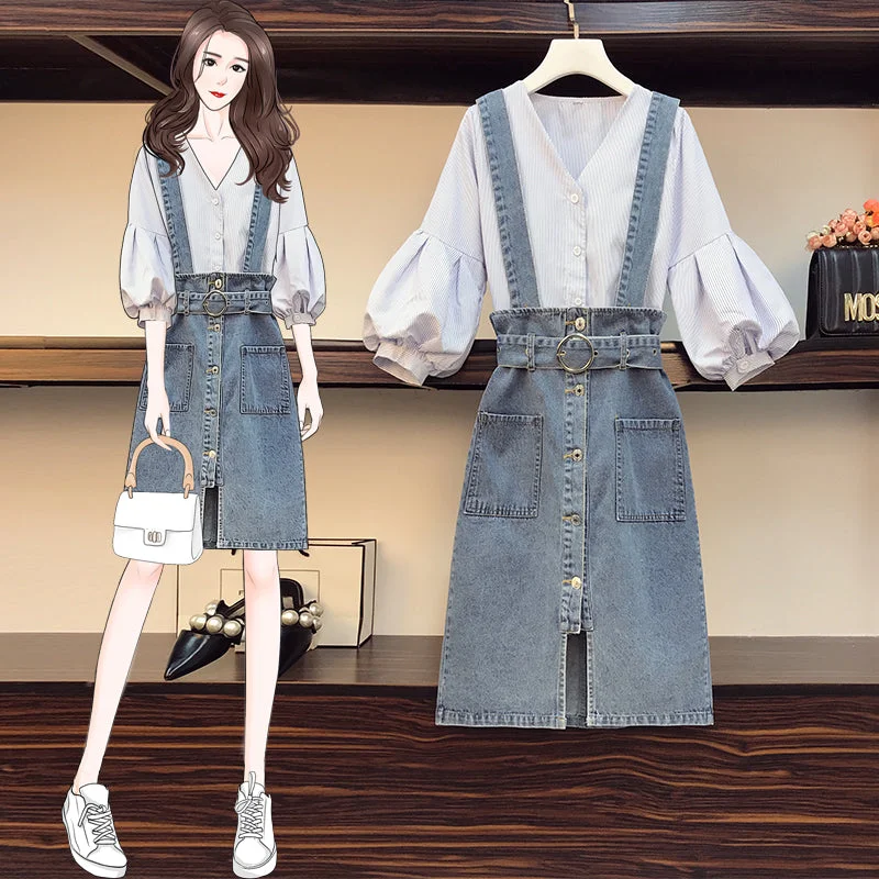 Women's Insulated Denim Skirts-Plus Size Stripes V Neck Balloon Sleeve Mid Sleeve Blouse And Suspender Dungaree Denim Skirt Set