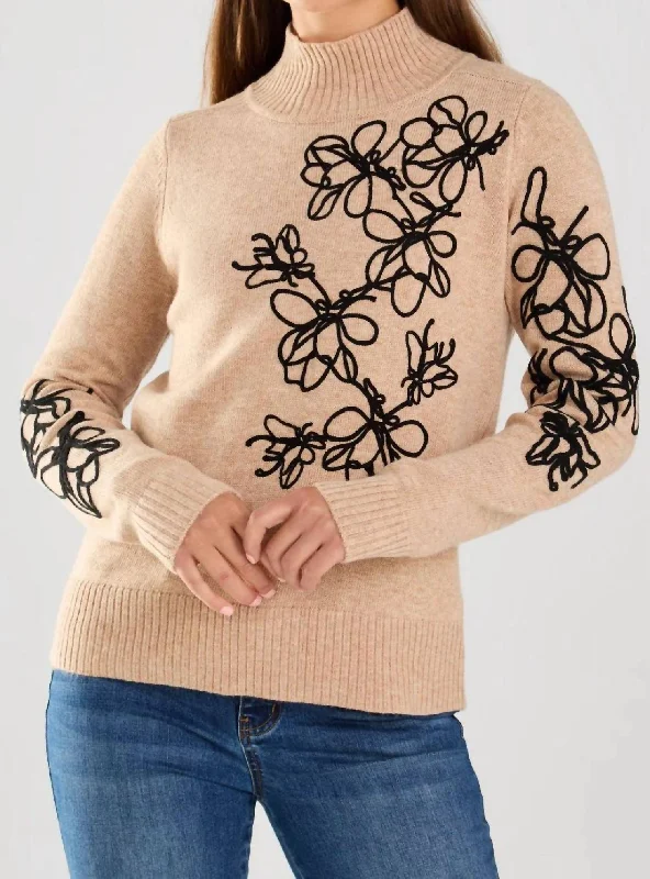 Women's Shimmer Denim Pullovers-Long Sleeve Embroidered Sweater In Beige/black