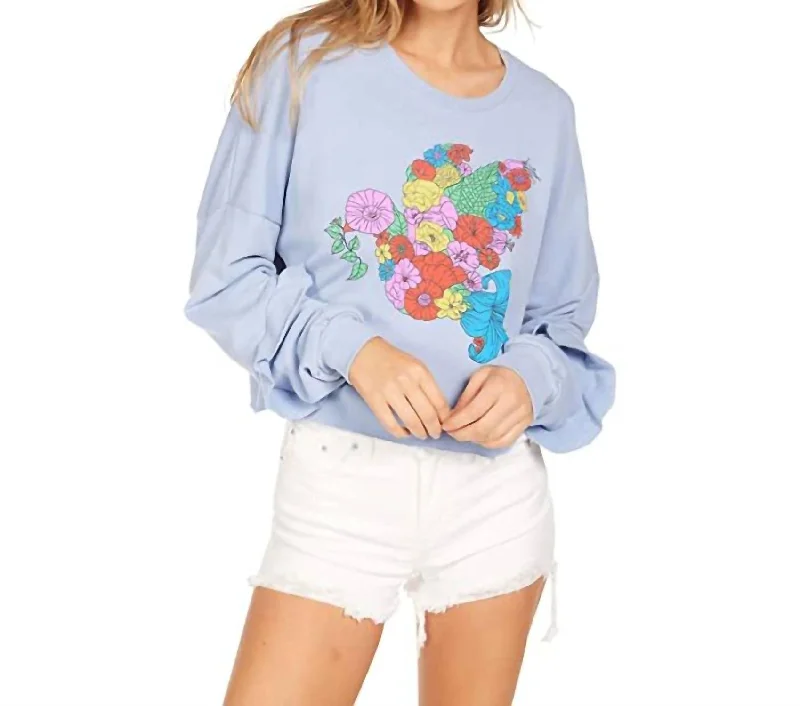 Women's Button-Front Denim Pullovers-Chevelle Crop Pullover Floral Dove In Soft Sky Blue