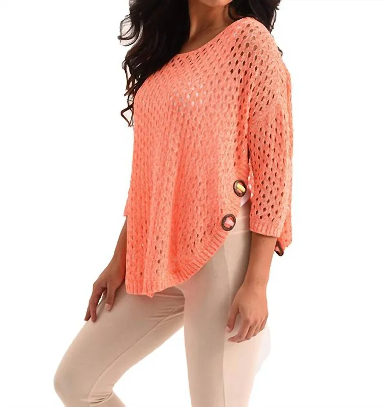 Women's Silk Pleated Pullovers-Aimee Wooden Button Poncho In Melon