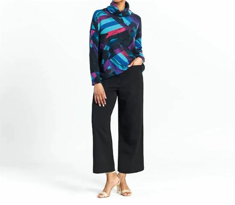 Women's Insulated Pullovers-Ribbon Print Turtleneck Sweater W/tipped Hem In Turquoise Multi