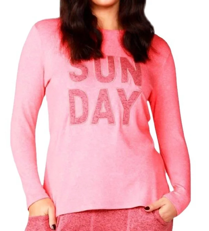 Women's Thermal Denim Pullovers-Long Sleeve Sunday Crew Top In Coral