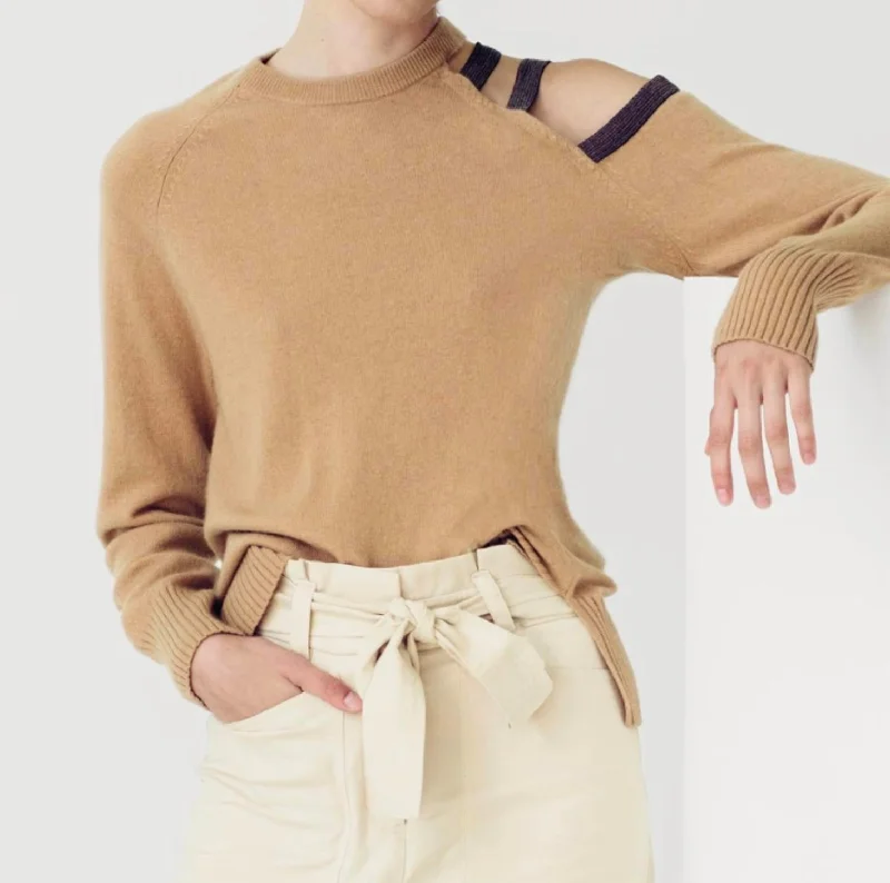 Women's Knit Pullovers-Open Shoulder Embellished Sweater In Camel