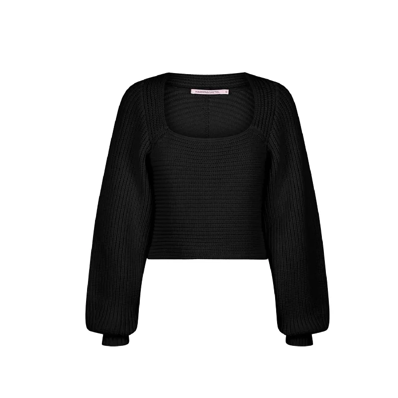 Women's Thermal Ruffle Pullovers-Women's Bruna Ribbed Sweater In Black