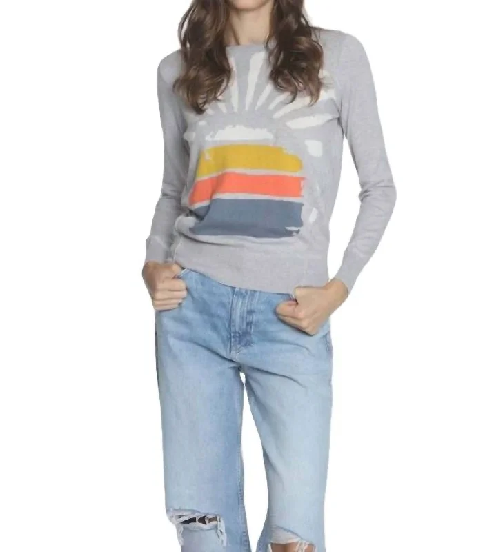 Women's Lace Denim Pullovers-Sunburst Crew Top In Fog Multi