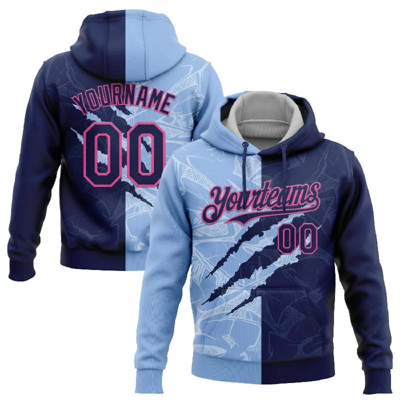 Women's Worn-In Hoodies-Custom Stitched Graffiti Pattern Navy Light Blue-Pink 3D Scratch Sports Pullover Sweatshirt Hoodie