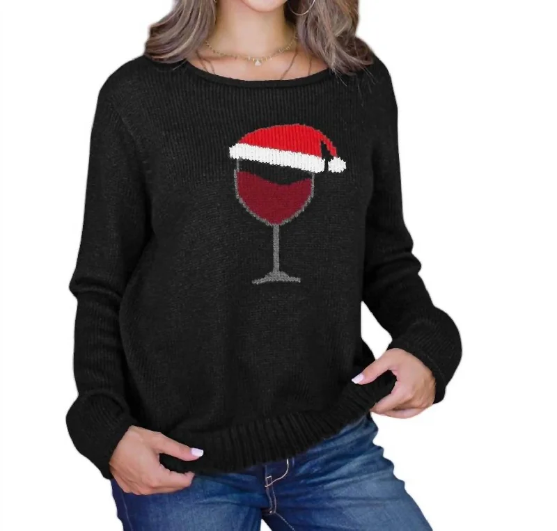 Women's Slit A-Line Pullovers-Santa Wine Sweater In Black