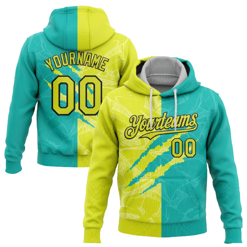 Women's Minimalist Hoodies-Custom Stitched Graffiti Pattern Neon Yellow Aqua-Black 3D Scratch Sports Pullover Sweatshirt Hoodie