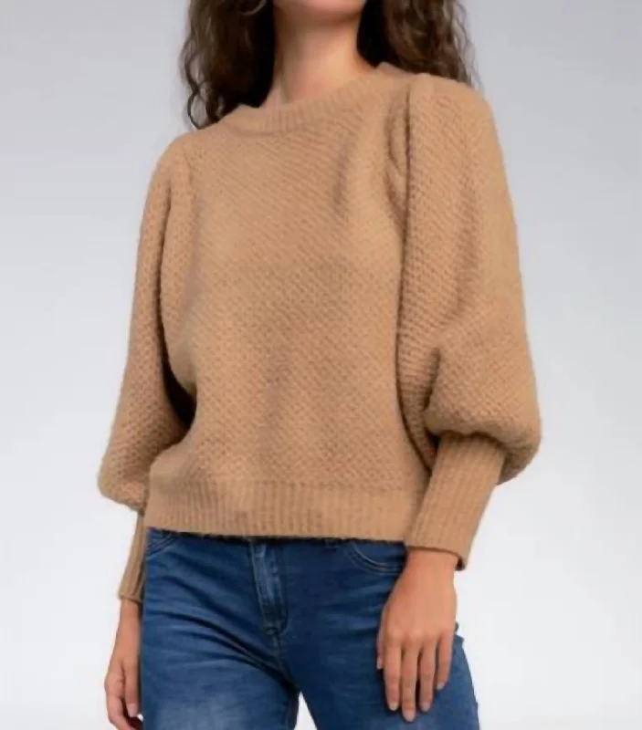 Women's Poncho Pullovers-Puff Sleeve Sweater In Latte