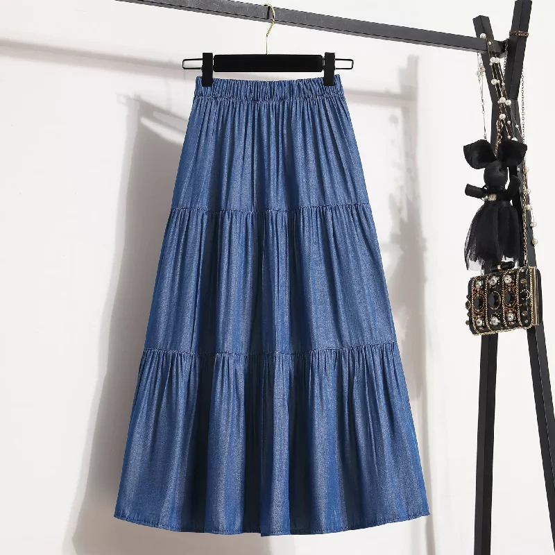 Women's Lace Pencil Skirts-Plus Size Tier Tencel Denim Midi Skirt