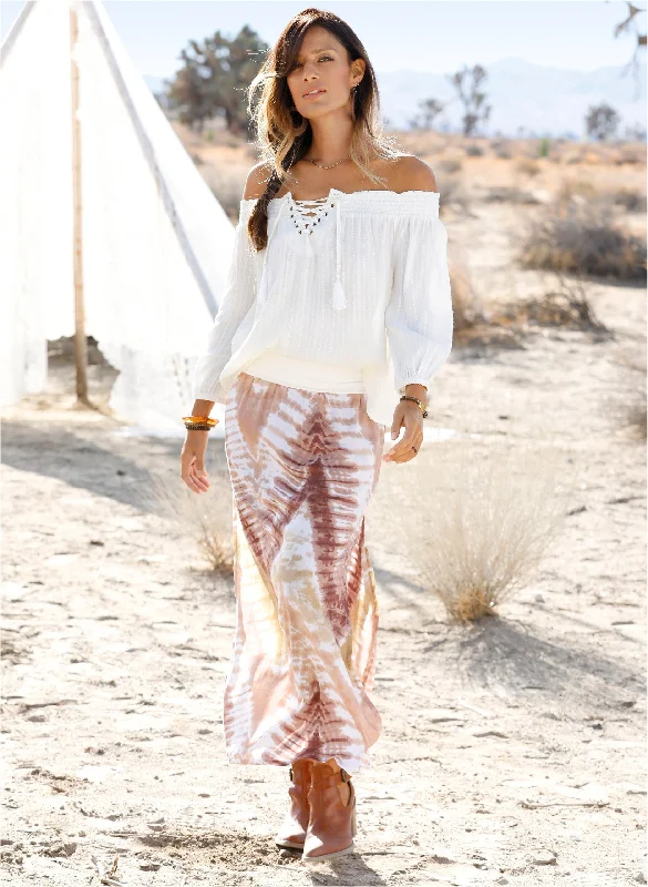 Women's Lace Skirts-Batik Printed Maxi Skirt - White Multi