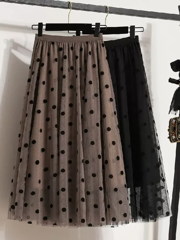 Women's Satin Skirts-Plus Size Polka Dots Tulle Tutu Midi Skirt