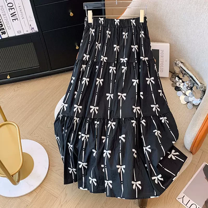 Women's Ribbed Ruffle Skirts-Plus Size Cute French Ribbons Print Skirt