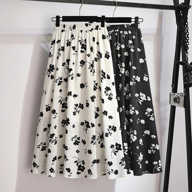 Women's Geometric Skirts-Plus Size Korean Monochrome Floral Midi Skirt