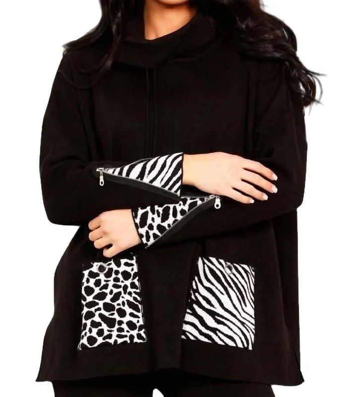 Women's Double Layer Pullovers-Animal Print Pocket Poncho In Black/white