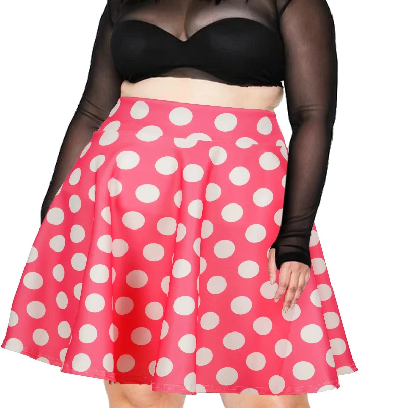 Women's Fleece Pleated Skirts-High Waisted Skater Skirt Plus Size-Pink & White Dots