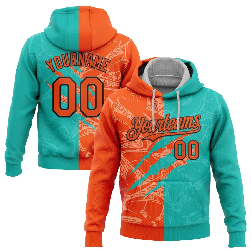 Women's Midi Hoodies-Custom Stitched Graffiti Pattern Orange Aqua-Black 3D Scratch Sports Pullover Sweatshirt Hoodie