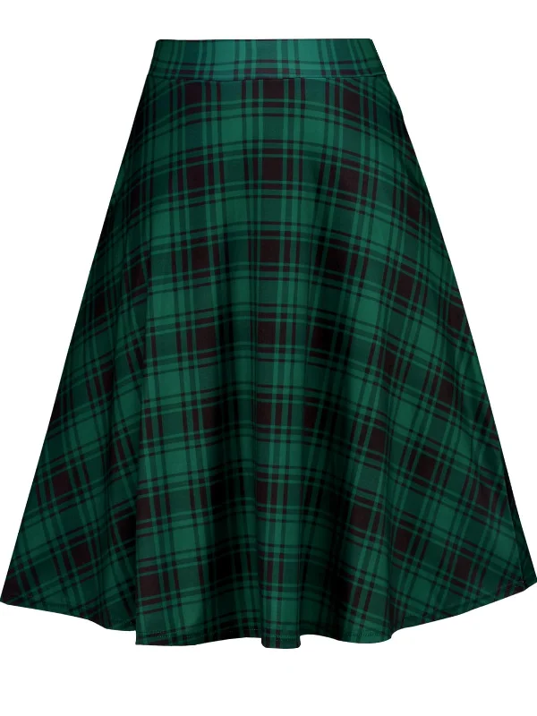 Women's Beach Skirts-Plus Size Midi Plaid Skirt High Waisted Flared-Green & Black