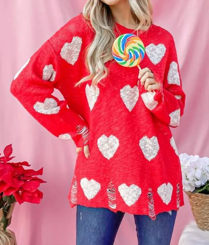 Women's Insulated Floral Pullovers-Distressed Sweater With Hearts In Red