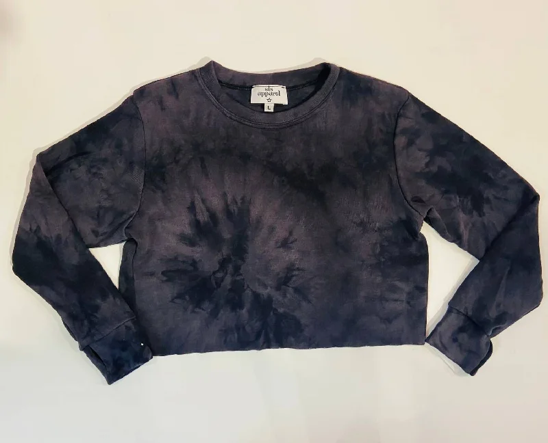 Women's Metallic Denim Pullovers-Tie-Dye Crop Sweatshirt In Charcoal