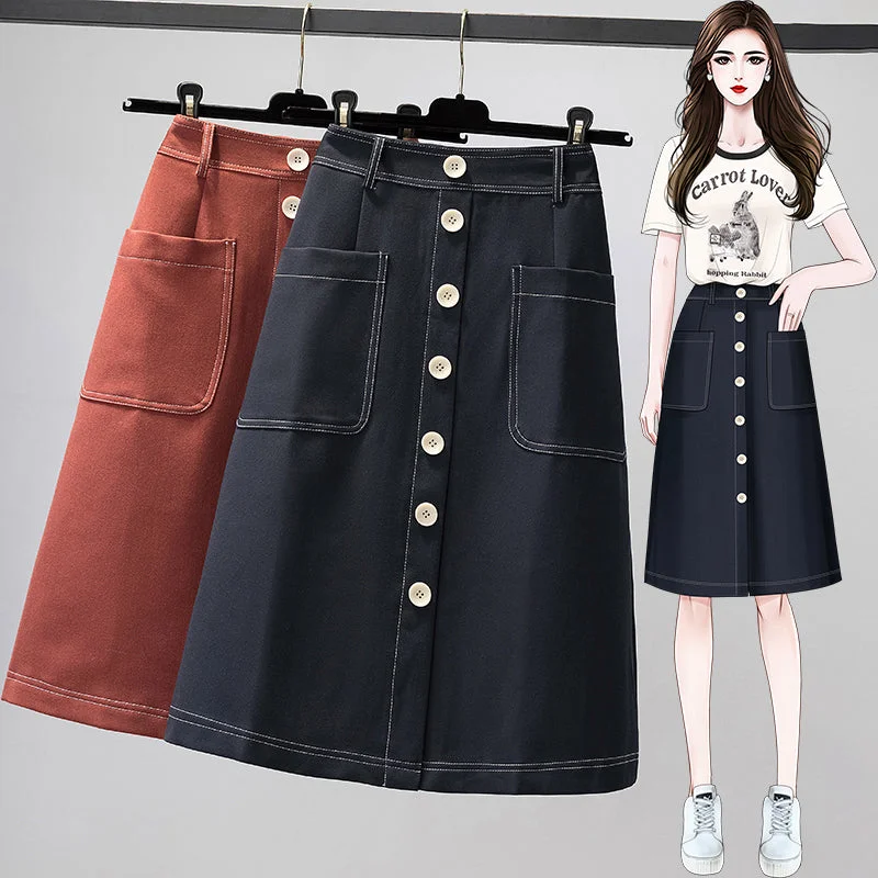 Women's High-Waisted Pencil Skirts-Plus Size Korean Buttons Skirt