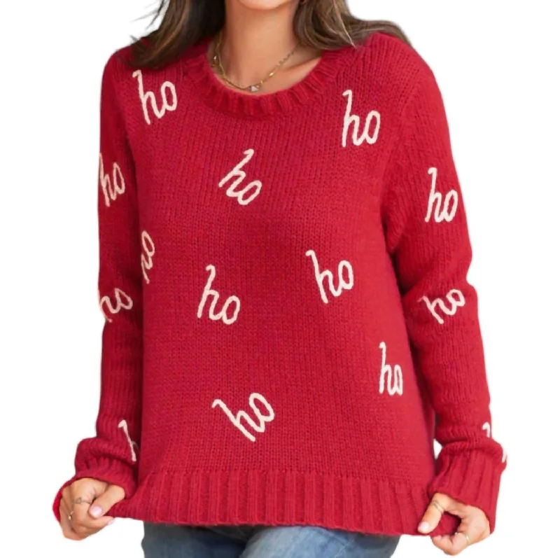 Women's Slit Pleated Pullovers-Ho Ho Ho Sweater In Red