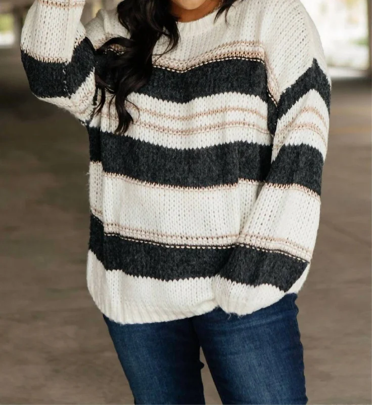 Women's Waterproof Pullovers-Sraightforward Striped Sweater In Ivory And Black