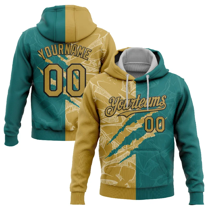 Women's Roll Tab Sleeve Hoodies-Custom Stitched Graffiti Pattern Old Gold Teal-Black 3D Scratch Sports Pullover Sweatshirt Hoodie