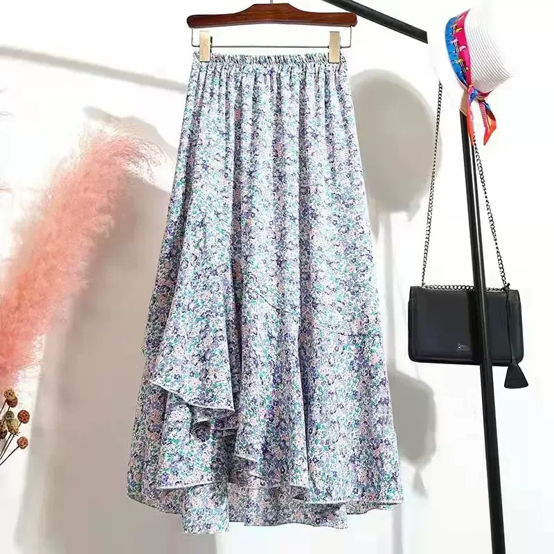 Women's Sequin Denim Skirts-Plus Size Ditsy Floral Chiffon Midi Skirt