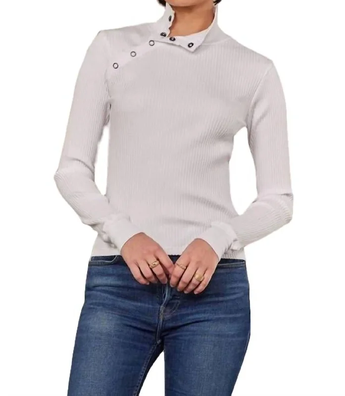 Women's Metallic Floral Pullovers-Andre Long Sleeve Snap Turtleneck Top In White