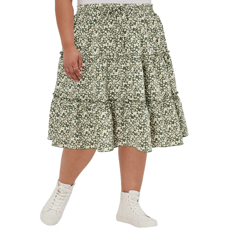 Women's Fringe Ruffle Skirts-Women's Plus Size Summer High Waistd Ruffle Midi-Skirts-Green and White