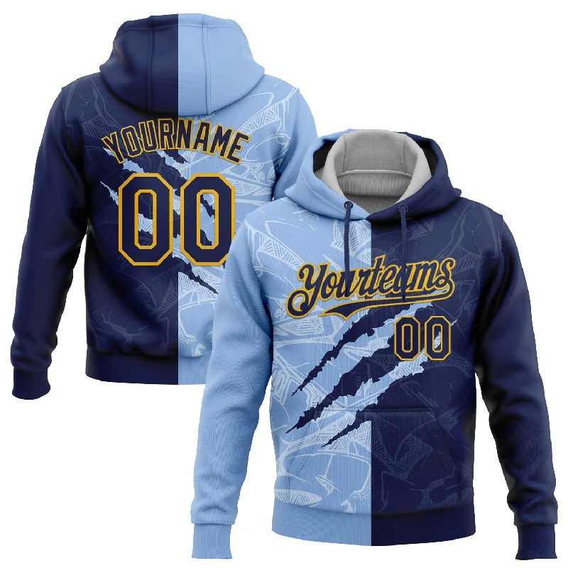 Women's Workout Hoodies-Custom Stitched Graffiti Pattern Navy Light Blue-Gold 3D Scratch Sports Pullover Sweatshirt Hoodie