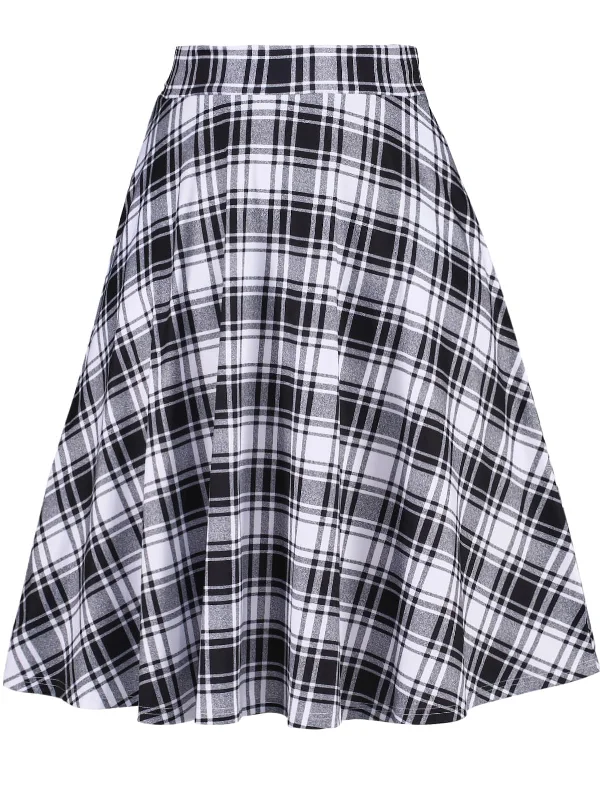 Women's Boho Skirts-Plus Size Midi Plaid Skirt High Waisted Flared-Black & White