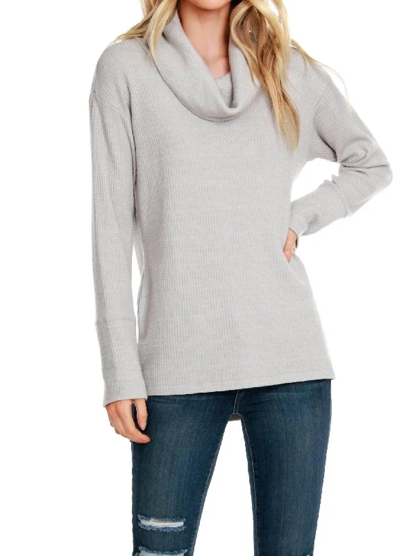 Women's Art Print Pullovers-Long Sleeve Cowl Top In Grey