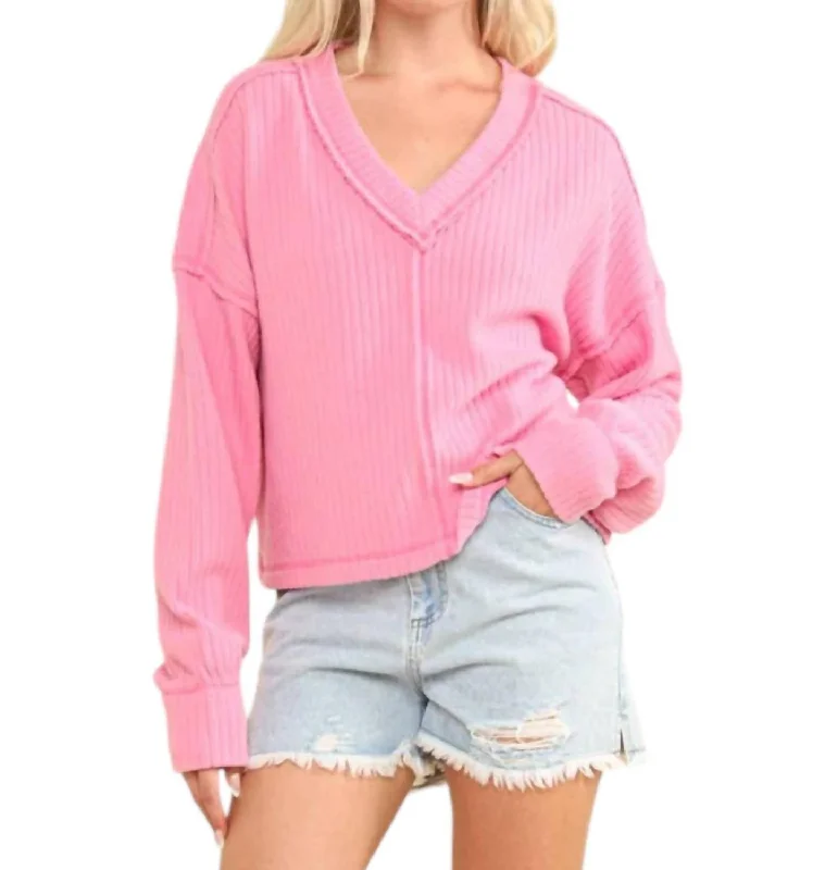 Women's Silk Ruffle Pullovers-Vneck Raw Hem Cozy Sweater In Pink