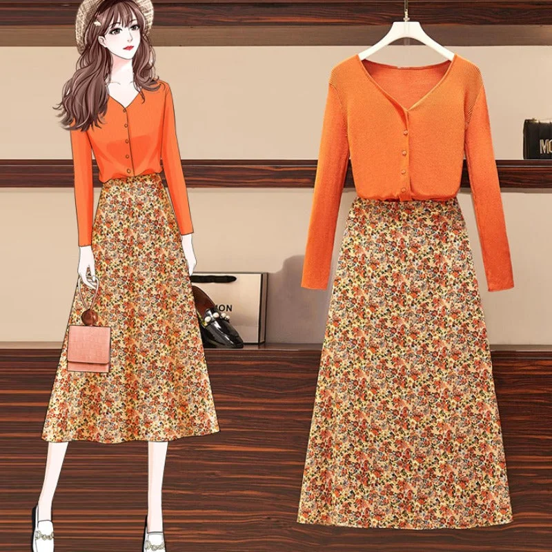 Women's Glitter Pleated Skirts-Plus Size Orange Knit Long Sleeve Top and Floral Midi Skirt Set