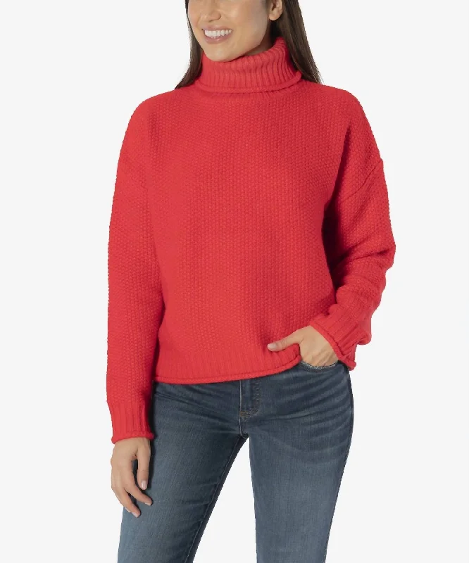 Women's Tulle Pleated Pullovers-Hailee Turtleneck Sweater In Red