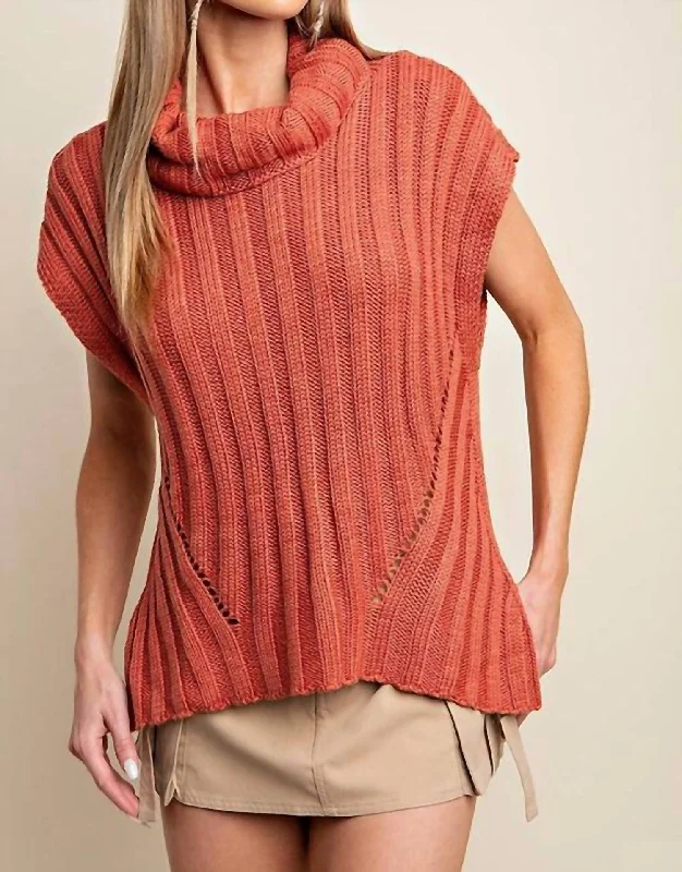 Women's Midi Denim Pullovers-Turtle Neck Sweater Vest In Rust