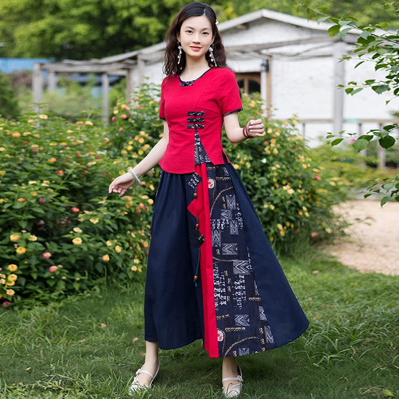 Women's High-Waisted Ruffle Skirts-Plus Size Ethnic Cheongsam Blouse And Matching Skirt Set