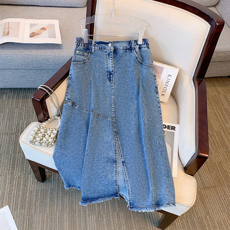 Women's Lace Denim Skirts-(2XL-6XL) Plus Size Korean Slit Frayed Long Denim Skirt (EXTRA BIG SIZE)