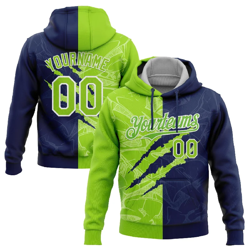 Women's Tailored Hoodies-Custom Stitched Graffiti Pattern Neon Green-Navy 3D Scratch Sports Pullover Sweatshirt Hoodie