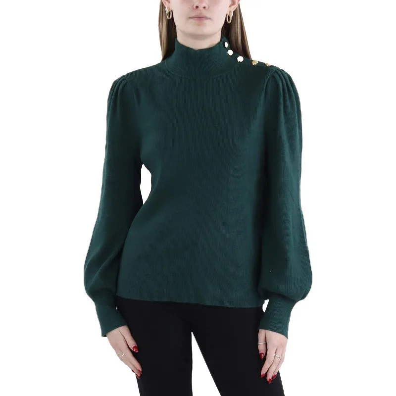 Women's Athletic Pullovers-Womens Button Pleated Mock Turtleneck Sweater