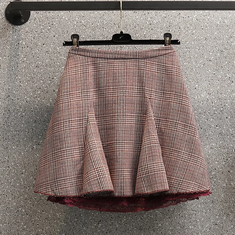 Women's Ruffle Skirts-Plus Size Brown Plaid Mini Skirt