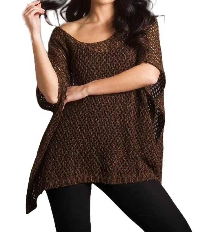 Women's Metallic Ruffle Pullovers-Crochet Poncho In Spice