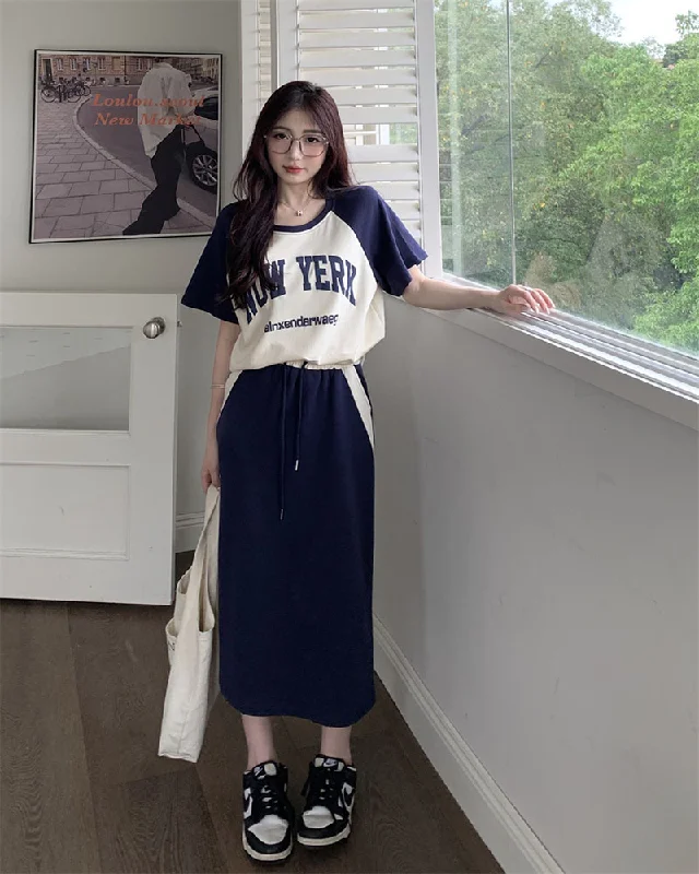 Women's Zip-Up Floral Skirts-Plus Size Korean Graphic Tee and Sweater Midi Skirt Set