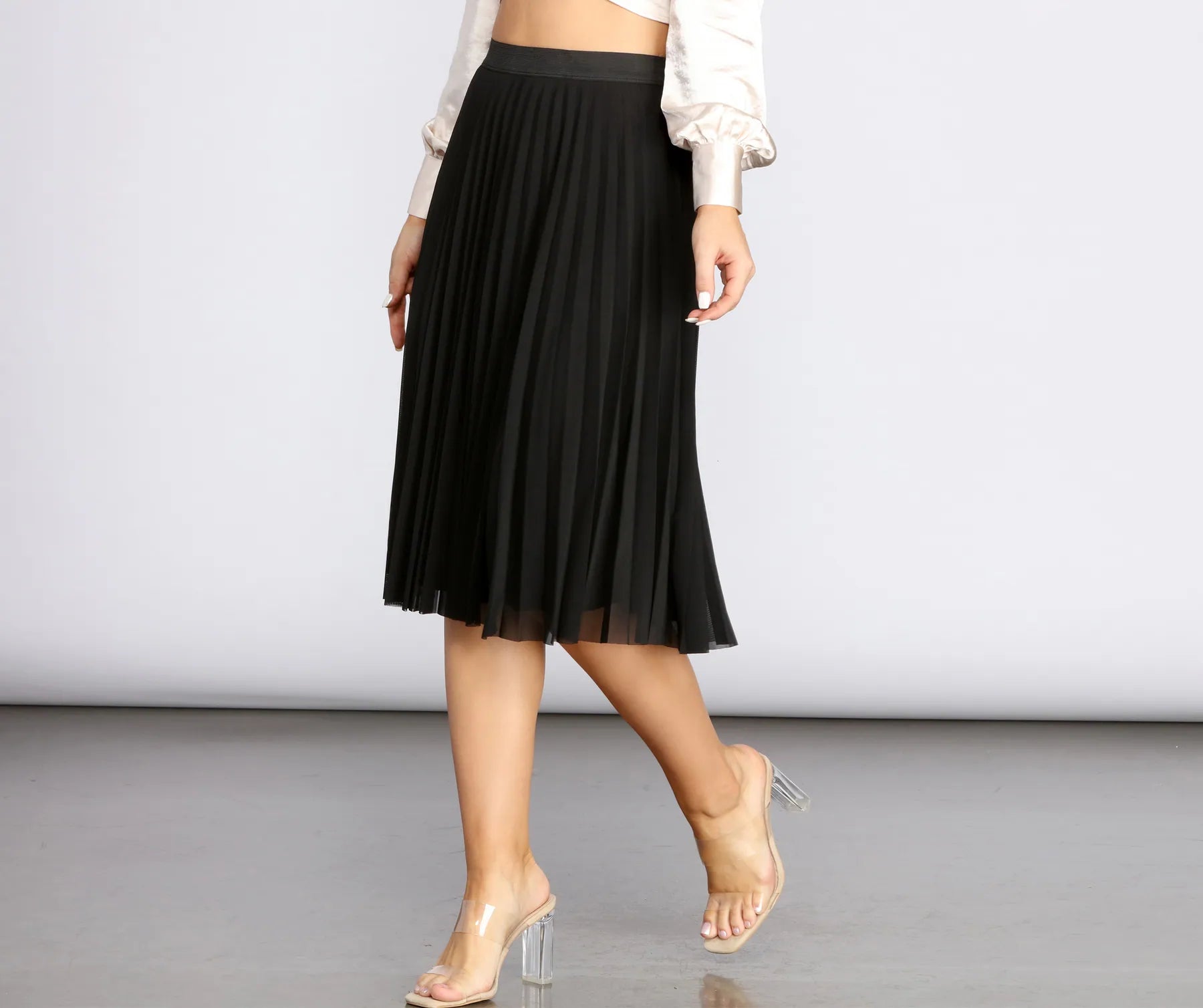 Women's Polka Dot Skirts-Pleated Mesh Midi Skirt