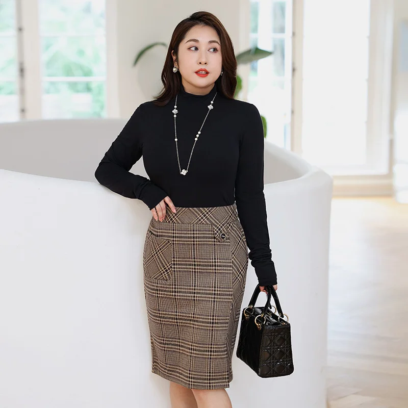 Women's Work Skirts-Plus Size Plaid Formal Office Pencil Skirt (Extra Big Size)