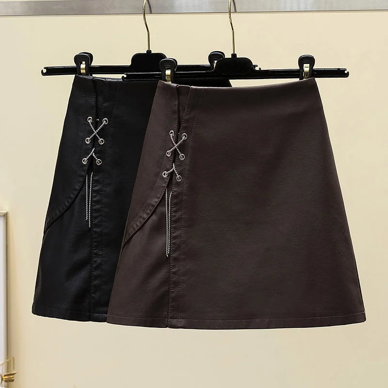 Women's Lace Ruffle Skirts-Plus Size PU Leather Chain Mini Skirt