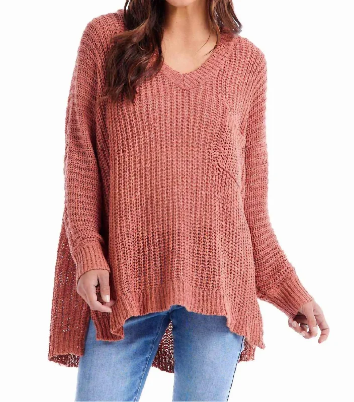 Women's High-Low Pullovers-Oscar Vee Neck In Rust